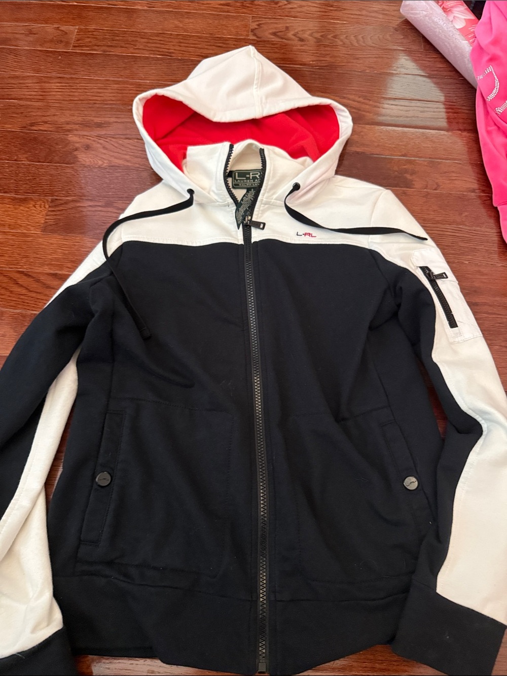 Lauren Ralph Lauren Black and White Teddy Jacket with Red Hood Lining